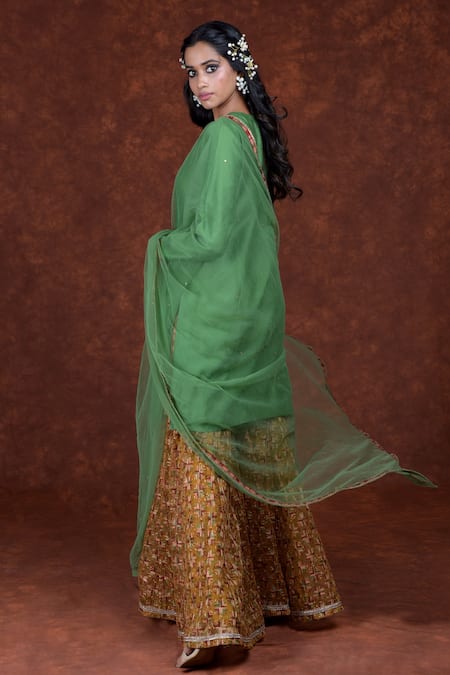 Shop Talking Threads Green Tulle, Chanderi Floral Round Kurta Gharara Set at Aza Fashions Shop_Talking Threads_Green Tulle, Chanderi Floral Round Kurta Gharara Set _at_Aza_Fashions