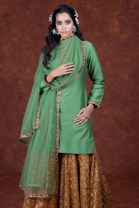 Buy Talking Threads Green Tulle, Chanderi Floral Round Kurta Gharara Set Online at Aza Fashions Buy_Talking Threads_Green Tulle, Chanderi Floral Round Kurta Gharara Set _Online_at_Aza_Fashions