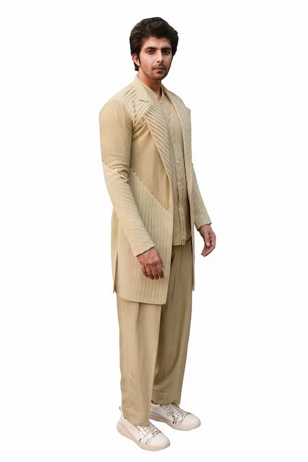 Ankur J Green Muslin, Cotton Silk, Bubble Reflex Jaune Embroidered Jacket Pant Set 