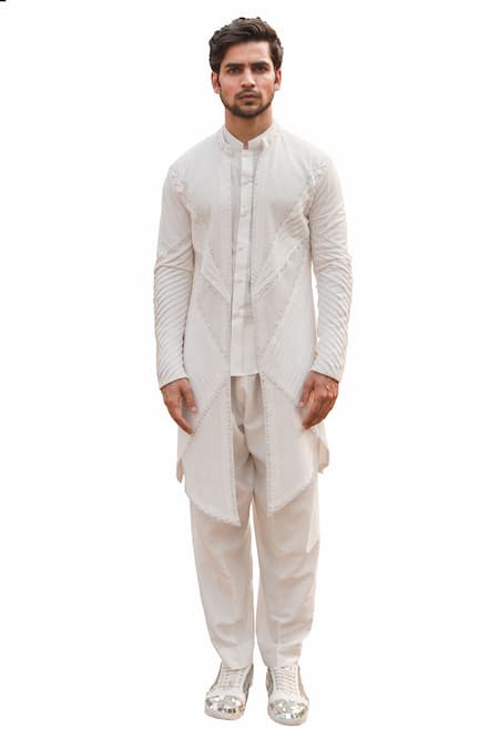 Shop Ankur J White Cotton Silk Mirror Work, Thread Reflex Jaune Embroidered Jacket Pant Set at Aza Fashions Shop_Ankur J_White Cotton Silk Mirror Work, Thread Reflex Jaune Embroidered Jacket Pant Set _at_Aza_Fashions