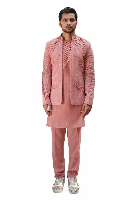 Ankur J Peach Cotton Silk Mirror , Thread Reflex Embroidered Jacket Kurta Set 