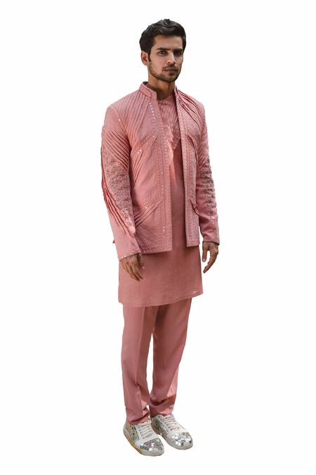 Ankur J Peach Cotton Silk Mirror , Thread Reflex Embroidered Jacket Kurta Set Online at Aza Fashions Ankur J_Peach Cotton Silk Mirror , Thread Reflex Embroidered Jacket Kurta Set _Online_at_Aza_Fashions