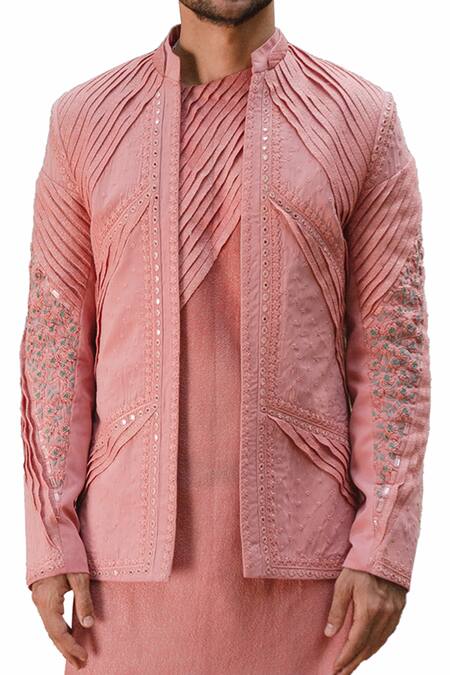 Shop Ankur J Peach Cotton Silk Mirror , Thread Reflex Embroidered Jacket Kurta Set Online at Aza Fashions Shop_Ankur J_Peach Cotton Silk Mirror , Thread Reflex Embroidered Jacket Kurta Set _Online_at_Aza_Fashions