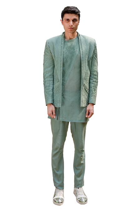 Ankur J Green Cotton Silk Mirror , Thread Reflex Embroidered Jacket Kurta Set 