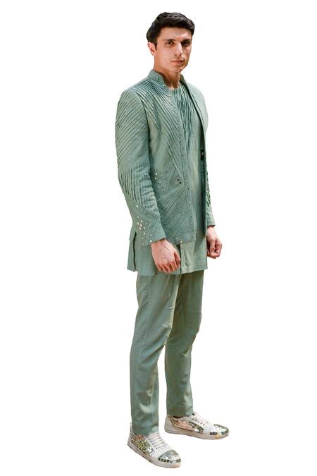 Ankur J Green Cotton Silk Mirror , Thread Reflex Embroidered Jacket Kurta Set Online at Aza Fashions Ankur J_Green Cotton Silk Mirror , Thread Reflex Embroidered Jacket Kurta Set _Online_at_Aza_Fashions