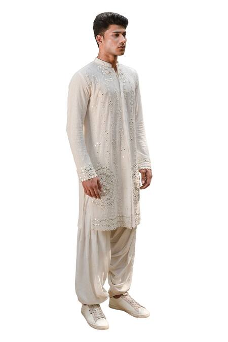 Ankur J_White Cotton Silk Mirror , Mukaish , Thread Preet Kurta Set _Online_at_Aza_Fashions