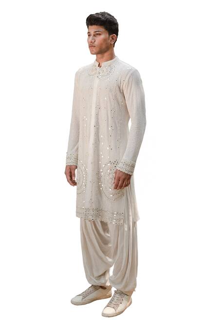 Buy_Ankur J_White Cotton Silk Mirror , Mukaish , Thread Preet Kurta Set _Online_at_Aza_Fashions