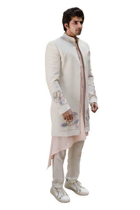 Ankur J Pink Cotton Silk Mirror Work, Resham Work, Floral Embroidered Jacket Kurta Set Online at Aza Fashions Ankur J_Pink Cotton Silk Mirror Work, Resham Work, Floral Embroidered Jacket Kurta Set _Online_at_Aza_Fashions
