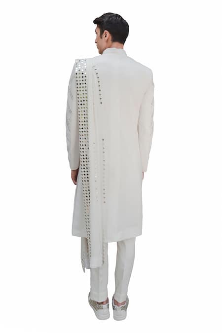 Shop Ankur J White Cotton Silk Mirror , Thread Reflex Sherwani Set at Aza Fashions Shop_Ankur J_White Cotton Silk Mirror , Thread Reflex Sherwani Set _at_Aza_Fashions