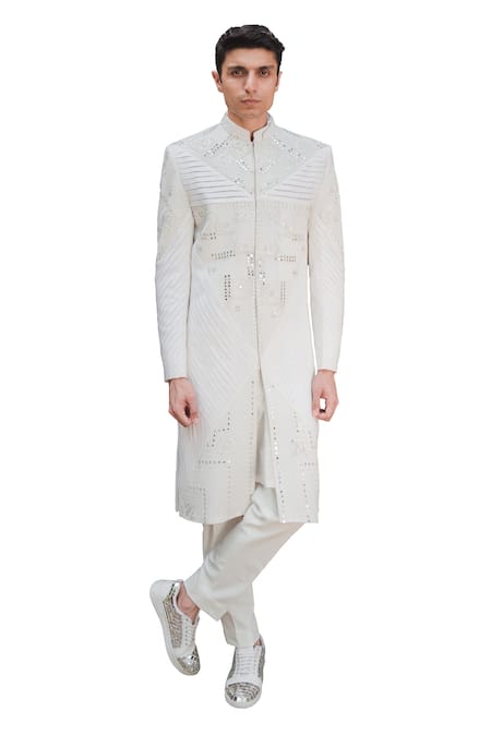 Buy Ankur J White Cotton Silk Mirror , Thread Reflex Sherwani Set Online at Aza Fashions Buy_Ankur J_White Cotton Silk Mirror , Thread Reflex Sherwani Set _Online_at_Aza_Fashions