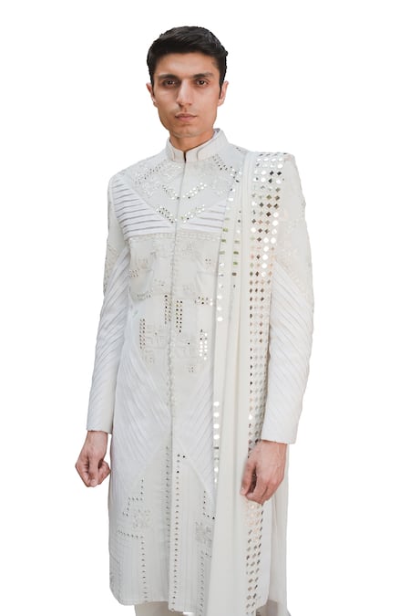 Shop Ankur J White Cotton Silk Mirror , Thread Reflex Sherwani Set Online at Aza Fashions Shop_Ankur J_White Cotton Silk Mirror , Thread Reflex Sherwani Set _Online_at_Aza_Fashions