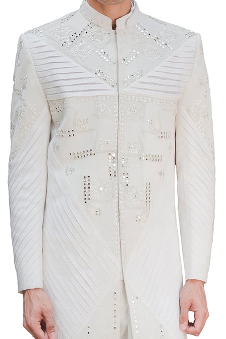 Ankur J White Cotton Silk Mirror , Thread Reflex Sherwani Set at Aza Fashions Ankur J_White Cotton Silk Mirror , Thread Reflex Sherwani Set _at_Aza_Fashions