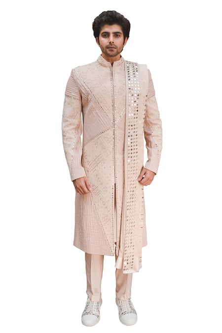 Ankur J Pink Cotton Silk Mirror , Thread Reflex Floral Embroidered Sherwani Set 
