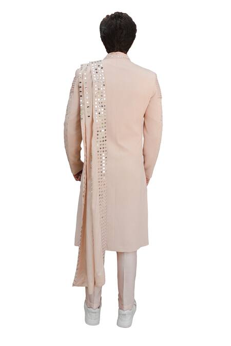 Shop Ankur J Pink Cotton Silk Mirror , Thread Reflex Floral Embroidered Sherwani Set at Aza Fashions Shop_Ankur J_Pink Cotton Silk Mirror , Thread Reflex Floral Embroidered Sherwani Set _at_Aza_Fashions