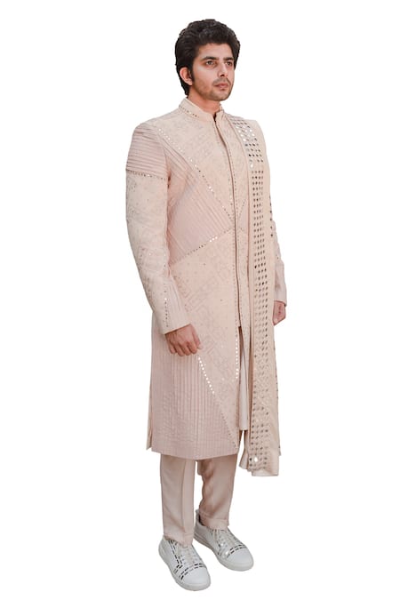Ankur J Pink Cotton Silk Mirror , Thread Reflex Floral Embroidered Sherwani Set Online at Aza Fashions Ankur J_Pink Cotton Silk Mirror , Thread Reflex Floral Embroidered Sherwani Set _Online_at_Aza_Fashions