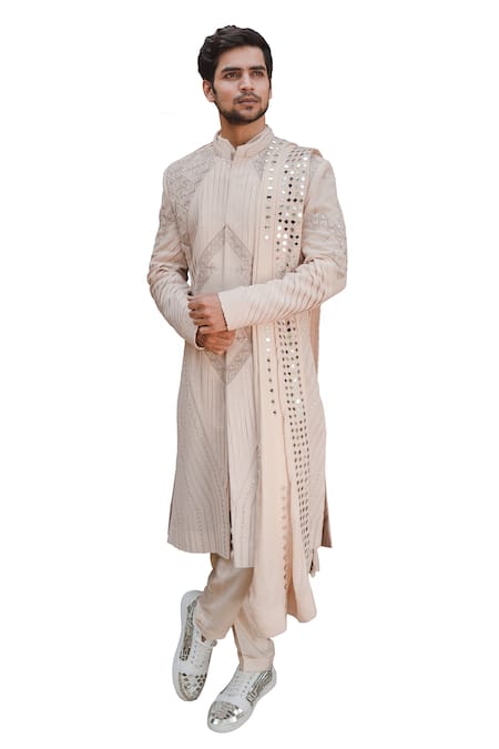 Ankur J Pink Cotton Silk Mirror , Thread Reflex Sherwani Set 