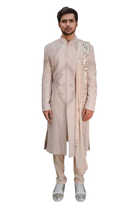Buy_Ankur J_Pink Cotton Silk Mirror , Thread Reflex Sherwani Set _Online_at_Aza_Fashions