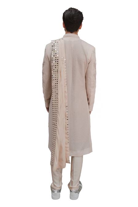 Shop_Ankur J_Pink Cotton Silk Mirror , Thread Reflex Sherwani Set _Online_at_Aza_Fashions