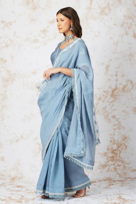 Buy_Devyani Mehrotra_Blue 7ogrm, Chanderi 40grm Bead Work, Cutdana Work, Sequins, Embroidered Saree_Online_at_Aza_Fashions
