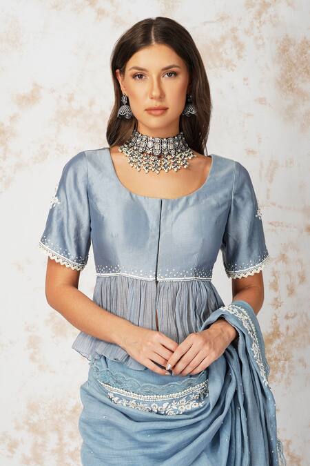 Shop_Devyani Mehrotra_Blue 7ogrm, Chanderi 40grm Bead Work, Cutdana Work, Sequins, Embroidered Saree_Online_at_Aza_Fashions