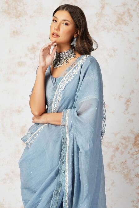 Devyani Mehrotra_Blue 7ogrm, Chanderi 40grm Bead Work, Cutdana Work, Sequins, Embroidered Saree_at_Aza_Fashions