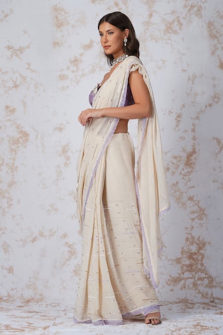 Buy_Devyani Mehrotra_White Georgette, Chanderi 70grm Bead Work, Floral Embroidered Saree With Blouse_Online_at_Aza_Fashions