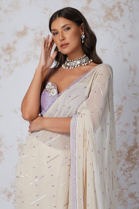 Devyani Mehrotra_White Georgette, Chanderi 70grm Bead Work, Floral Embroidered Saree With Blouse_at_Aza_Fashions
