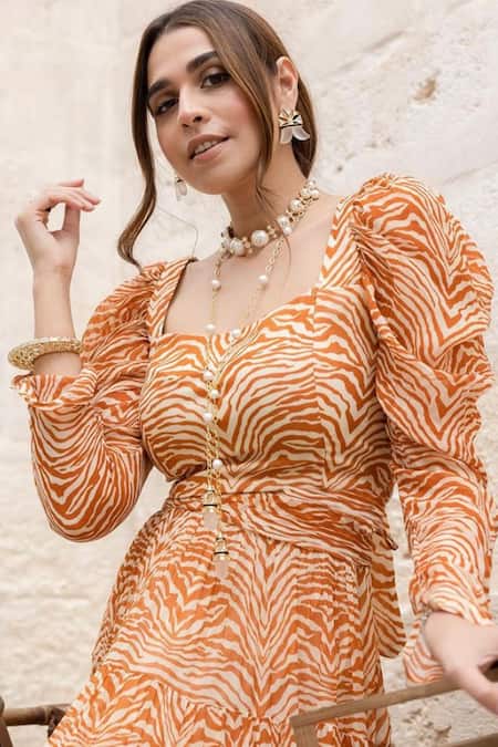 Shop The Iaso Orange Viscose Crinkle Chiffon Abstract Square Neck Print Dress at Aza Fashions Shop_The Iaso_Orange Viscose Crinkle Chiffon Abstract Square Neck Print Dress _at_Aza_Fashions