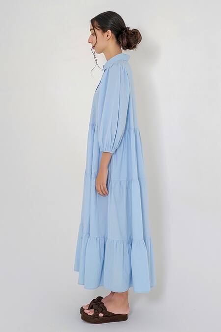 More Soul_Blue 100 % Cotton Collared Neck Tiered Dress_Online_at_Aza_Fashions