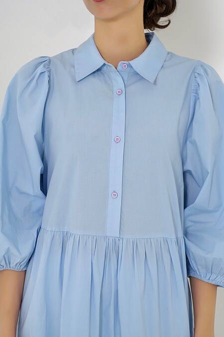 Buy_More Soul_Blue 100 % Cotton Collared Neck Tiered Dress_Online_at_Aza_Fashions