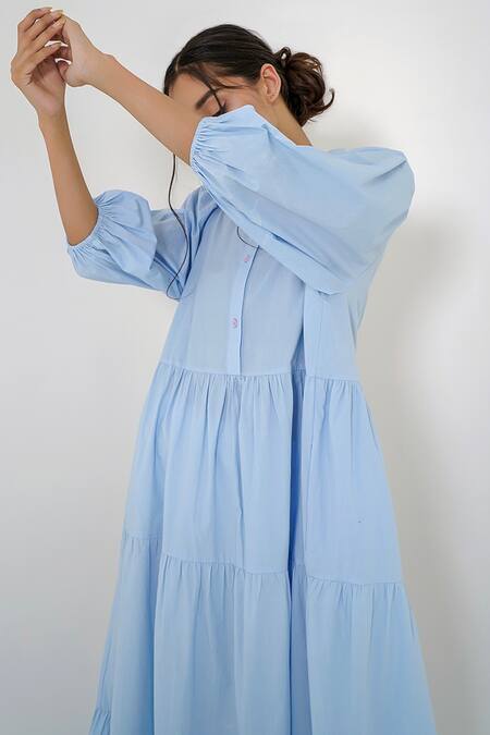 Shop_More Soul_Blue 100 % Cotton Collared Neck Tiered Dress_Online_at_Aza_Fashions
