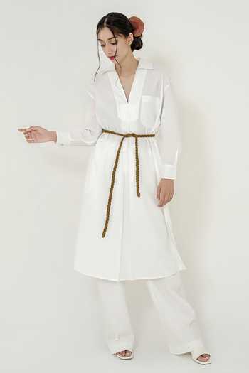 More Soul_White 100 % Cotton Collared Neck Midi Dress_Online_at_Aza_Fashions