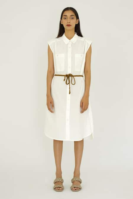 More Soul White 100 % Cotton Collared Neck Shirt Dress