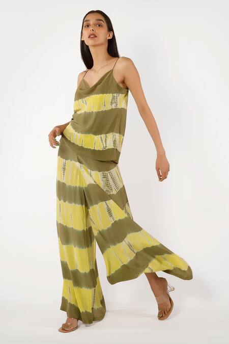 More Soul_Green 100 % Viscose Tie And Dye Tie-dye Flared Pants_Online_at_Aza_Fashions