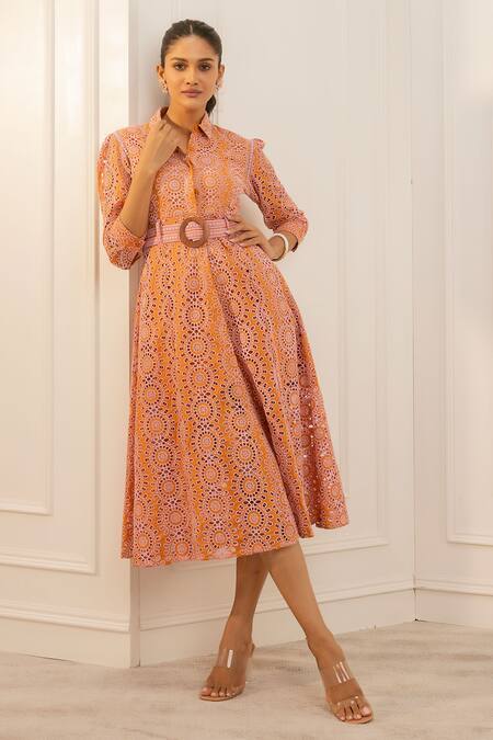 Buy Orange 100% Pure Pima Cotton Embroidery Cutwork Crisp Remy