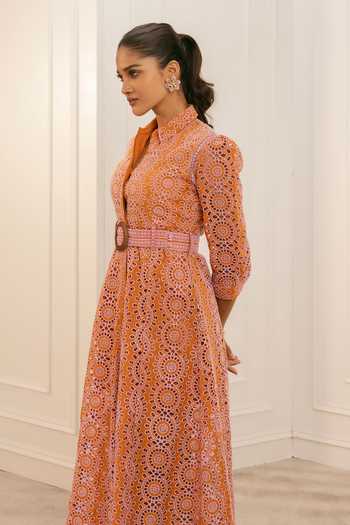 Mulmul_Orange 100% Pure Pima Cotton Embroidery Cutwork Crisp Remy Dress _Online_at_Aza_Fashions
