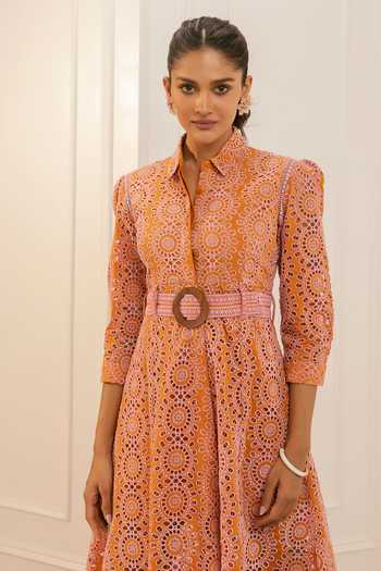 Buy_Mulmul_Orange 100% Pure Pima Cotton Embroidery Cutwork Crisp Remy Dress _Online_at_Aza_Fashions