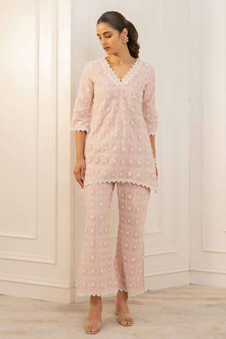 Mulmul_Pink 100% Pure Pima Cotton Embroidery Floral V Cove Tunic And Pant Set _Online_at_Aza_Fashions