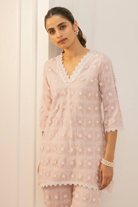 Buy_Mulmul_Pink 100% Pure Pima Cotton Embroidery Floral V Cove Tunic And Pant Set _Online_at_Aza_Fashions