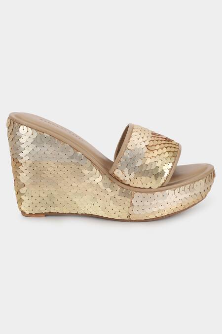 Aanchal Sayal_Gold Sequins Embroidered Wedges_Online_at_Aza_Fashions