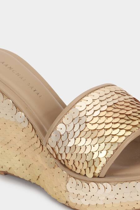 Shop_Aanchal Sayal_Gold Sequins Embroidered Wedges_Online_at_Aza_Fashions