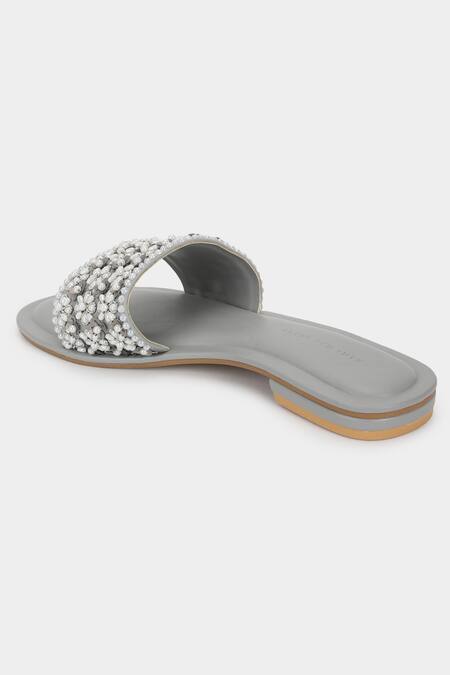 Buy_Aanchal Sayal_Gray Embroidered Faux Leather Sliders _Online_at_Aza_Fashions