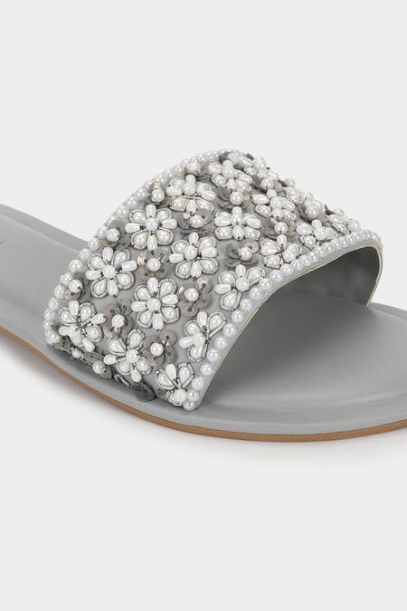 Shop_Aanchal Sayal_Gray Embroidered Faux Leather Sliders _Online_at_Aza_Fashions
