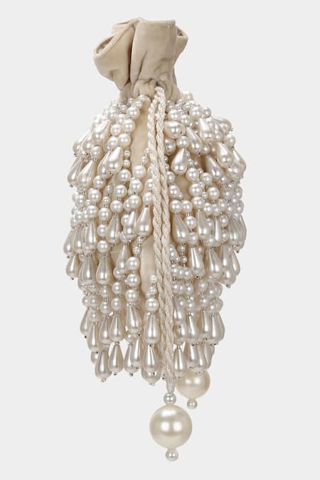 Aanchal Sayal_White Embroidered Amber Pearl Embellished Potli_Online_at_Aza_Fashions