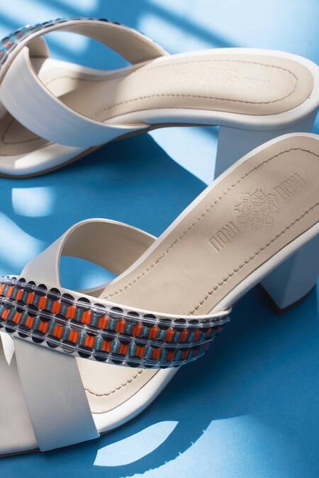 Shop_The Frou Frou Studio_White Embroidered Alzena Cross Strap Heels_Online_at_Aza_Fashions