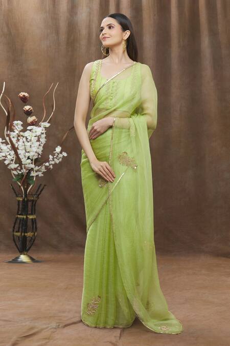 Buy Gul By Aishwarya Green Saree Pure Organza And Blouse Satin Placement Embroidered With Online at Aza Fashions Buy_Gul By Aishwarya_Green Saree Pure Organza And Blouse Satin Placement Embroidered With _Online_at_Aza_Fashions