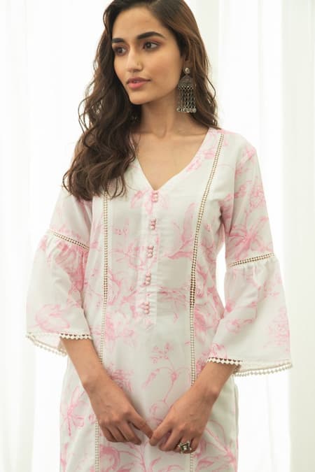 Roze_White Cotton Floral V Neck Alia Printed Kurta And Pant Set _Online_at_Aza_Fashions