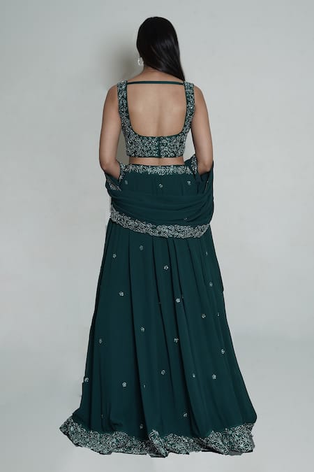 Shop_Shahmeen Husain_Green Raw Silk Embroidered Floral Motifs Square Neck Lehenga Set _at_Aza_Fashions
