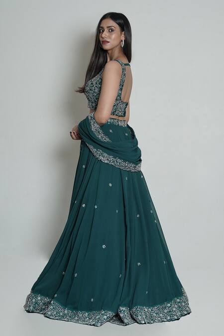 Shahmeen Husain_Green Raw Silk Embroidered Floral Motifs Square Neck Lehenga Set _Online_at_Aza_Fashions