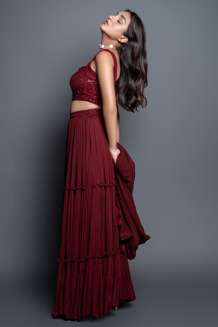 Shahmeen Husain_Maroon Georgette, Chikankari Floral Motifs Scoop Neck Tiered Pleated Lehenga Set _Online_at_Aza_Fashions